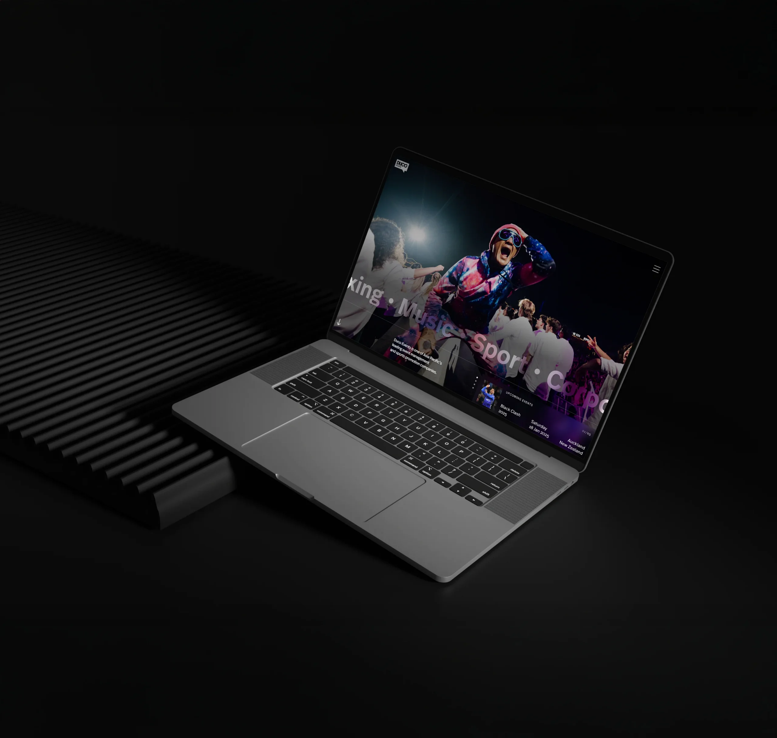 Event website design showing a polished digital experience for promoting dates, locations, tickets, and key event information.