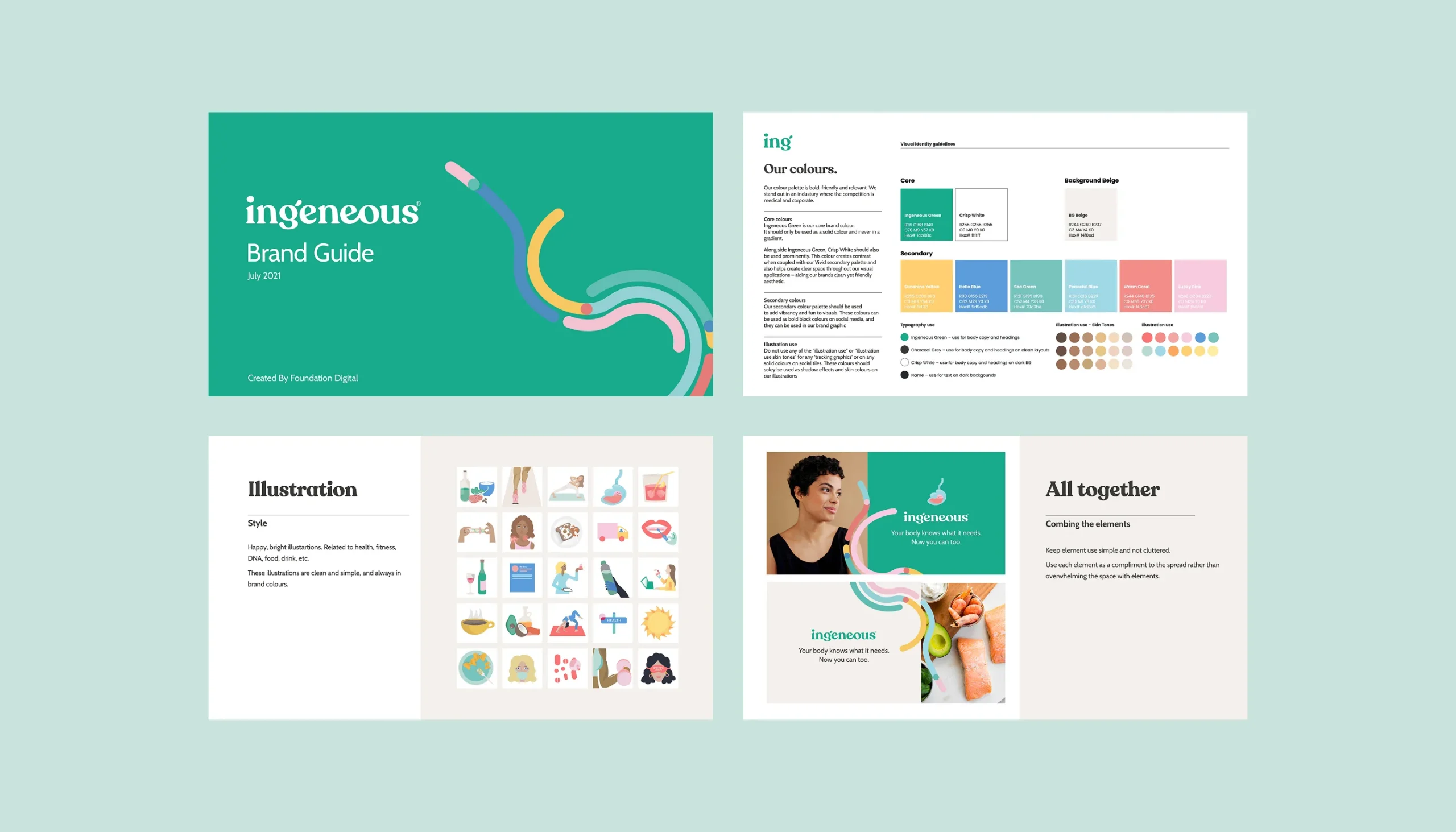 Brand identity design featuring logo concepts, colours, and typography.