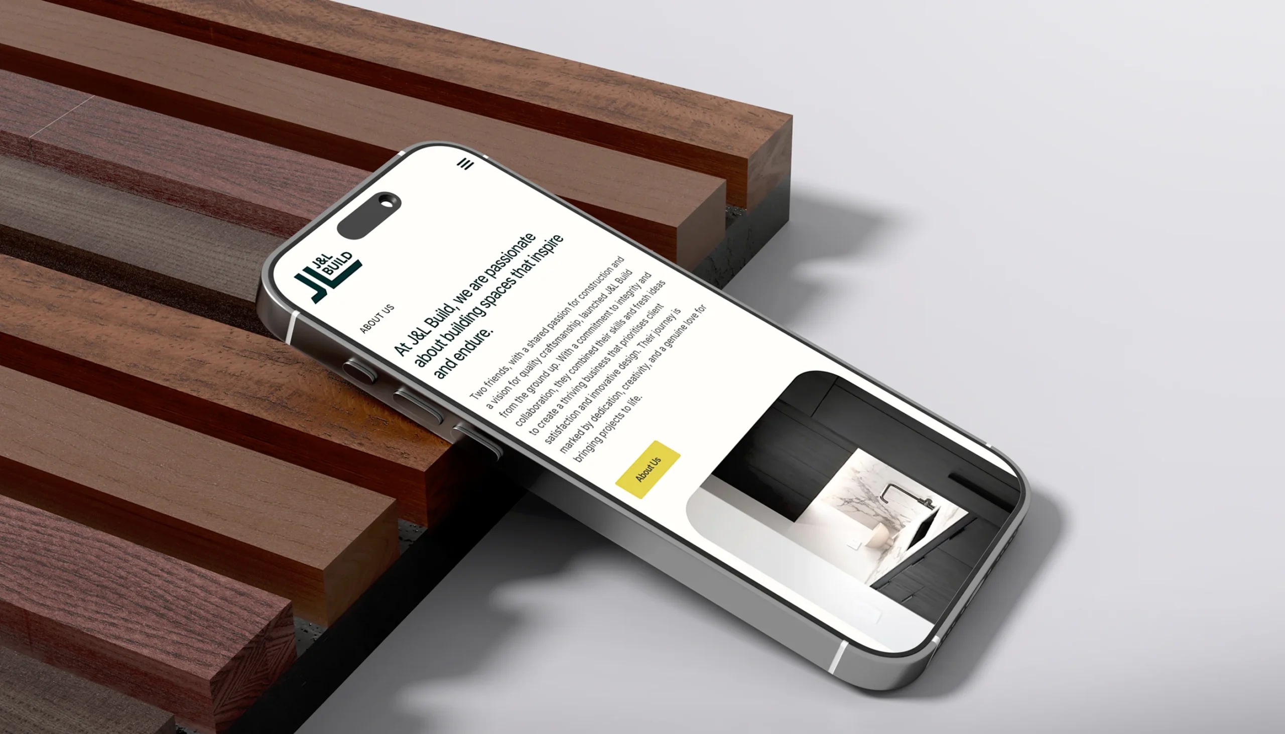 Building and development website mockup displaying completed projects, service pages, and clear calls to action.