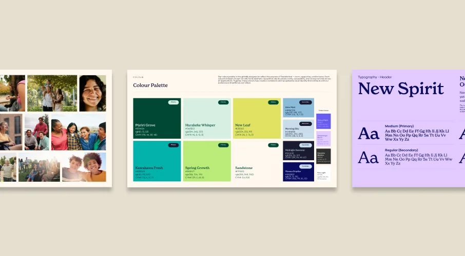Brand moodboard displaying colour, typography, imagery, and visual inspiration for a new identity.